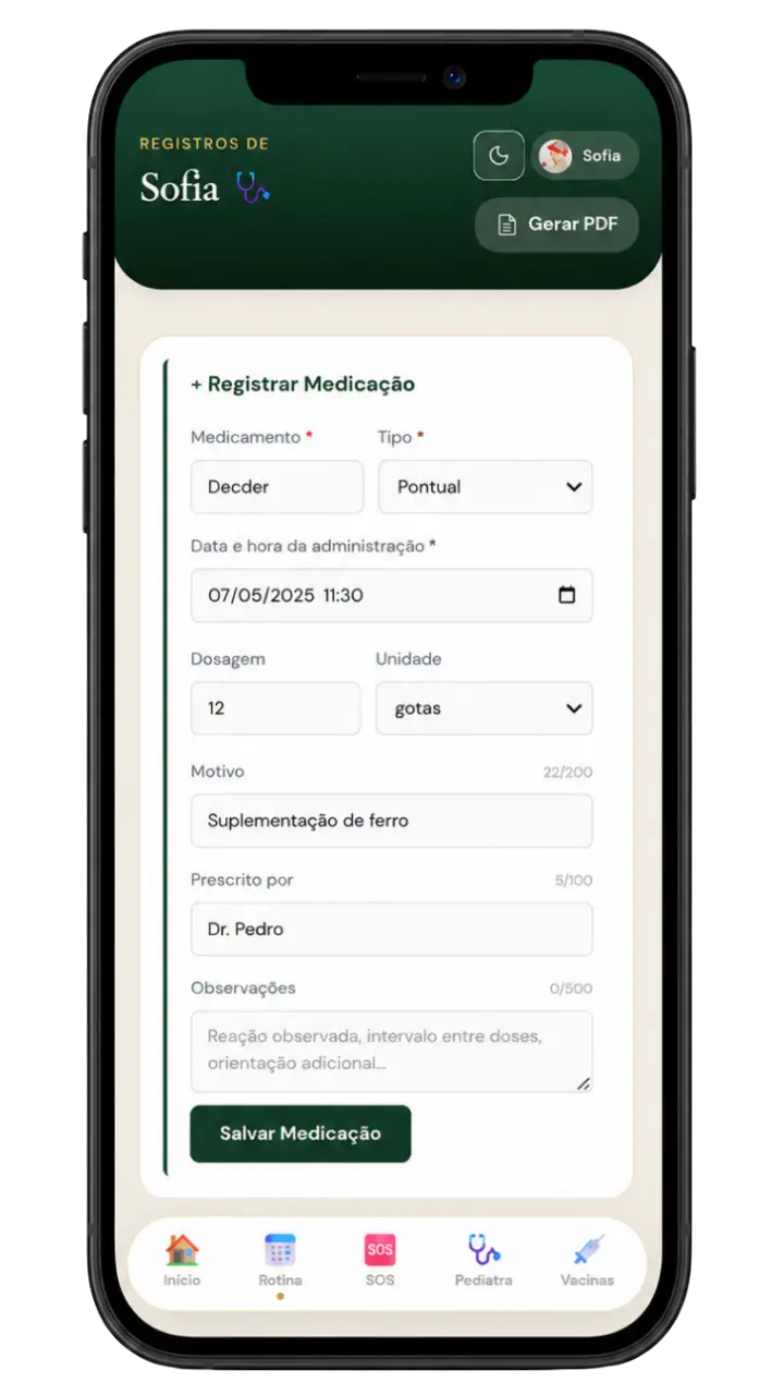 Tela real de registro de medicação no Imuninho