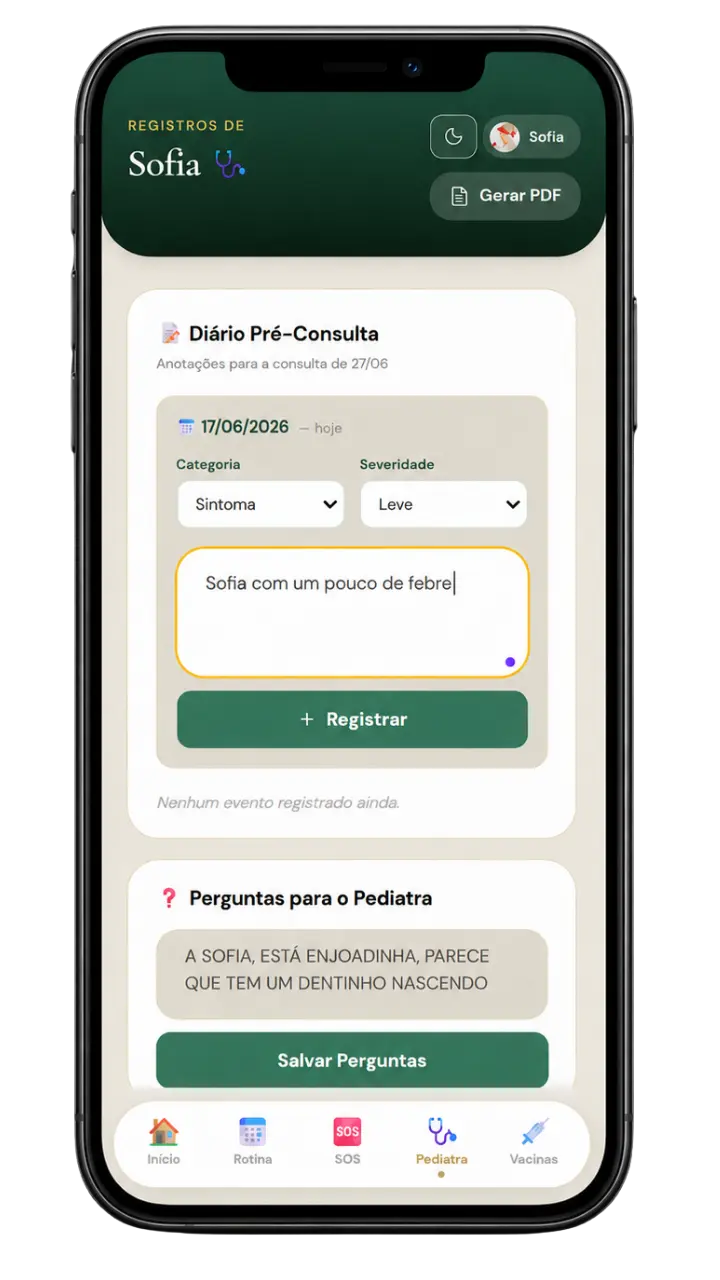 Tela real do diário pré-consulta e perguntas para o pediatra